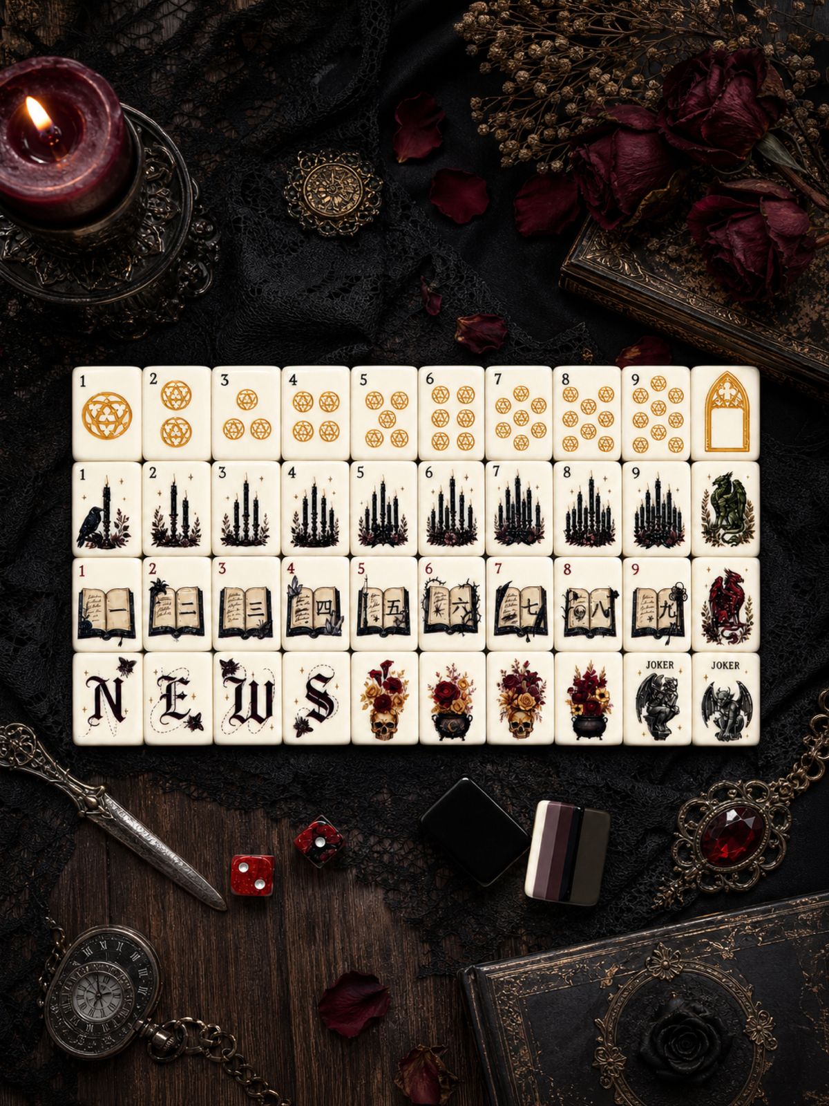 October Pre-Order Gothic Hour Mahjong Tiles, with Black Jelly Crossbody Pouch